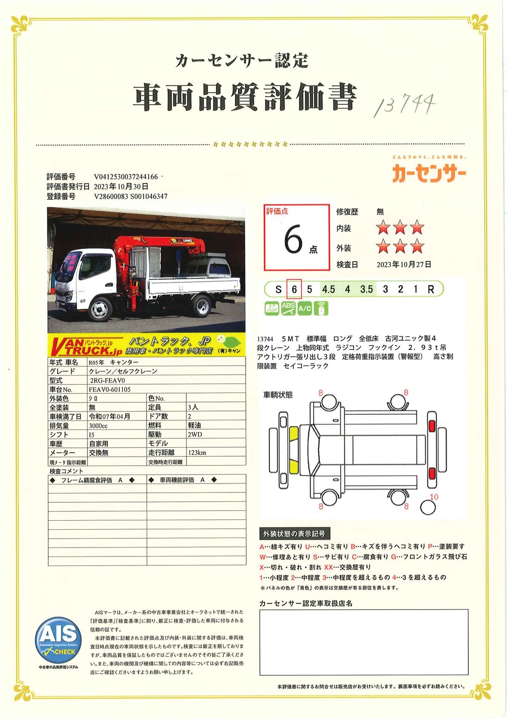 （未使用）　キャンター　「標準幅　ロング」　４段クレーン　積載３０００ｋｇ　古河ユニック製　ラジコン　フックイン　２．９３ｔ吊　セイコーラック　左電格ミラー　坂道発進補助　ＬＥＤヘッドライト＆フォグランプ　スマートキー　衝突軽減ブレーキ　車線逸脱警報　５速ＭＴ！　車検「R７年４月まで！」38