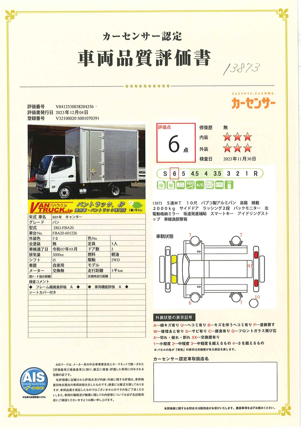 キャンター　１０尺　アルミバン　高箱　積載２０００ｋｇ　サイドドア　ラッシング２段　「内寸高２．３３ｍ」　バックモニター　ＥＴＣ　左電格ミラー　坂道発進補助　スマートキー　ＬＥＤヘッドライト　フォグランプ　５速ＭＴ！　車検「Ｒ７年３月まで！」35