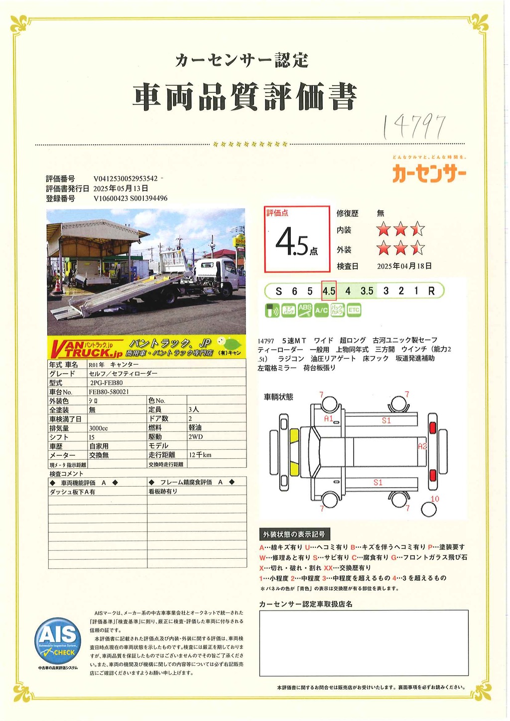 キャンター　「ワイド超ロング」　セーフティーローダー　一般用　古河ユニック製　積載３３００ｋｇ　ウインチ　ラジコン　油圧リアゲート　三方開　荷台板張り　床フック　バックカメラ　ＥＴＣ　左電格ミラー　坂道発進補助　フォグランプ　ステンレス工具箱　５速ＭＴ！低走行！41