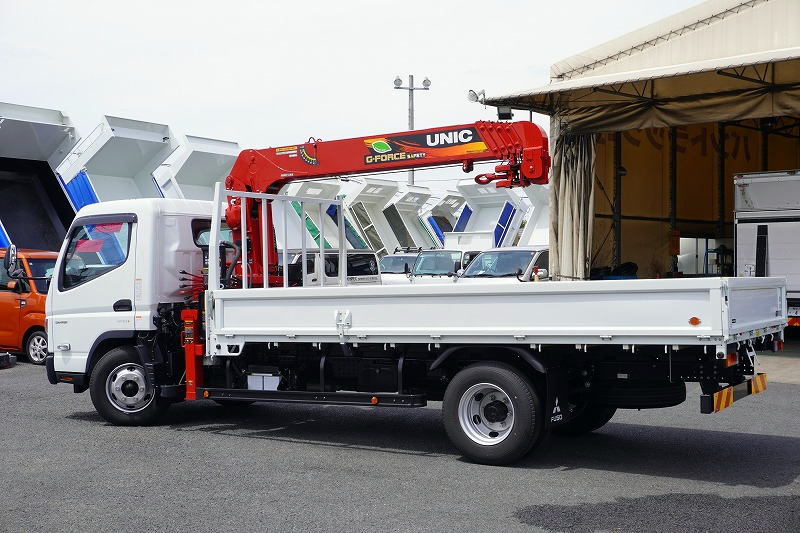 （未使用）　キャンター　「ワイド超ロング」　５段クレーン　積載３２００ｋｇ　古河ユニック製　ラジコン　フックイン　２．９３ｔ吊　角足　差し違いアウトリガー　坂道発進補助　セイコーラック　ＬＥＤヘッドライト＆ＬＥＤフォグランプ　左電格ミラー　スマートキー　衝突軽減ブレーキ　車線逸脱警報　５速ＭＴ！5