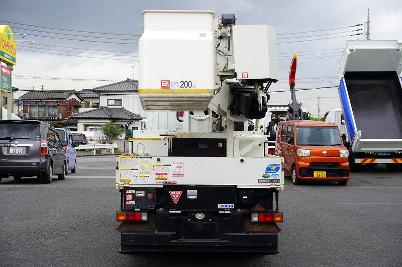 キャンター　高所作業車　アイチ製（ＳＢ１０Ａ）　最大地上高９．７ｍ　ＦＲＰバケット　バケット積載荷重２００ｋｇ　積載３００ｋｇ　工具入れ　ジョイスティックタイプ　アワーメーター：３５０５ｈ　左電格ミラー　社外ナビ　バックカメラ　フォグランプ　通信工事仕様！ＡＴ車！2