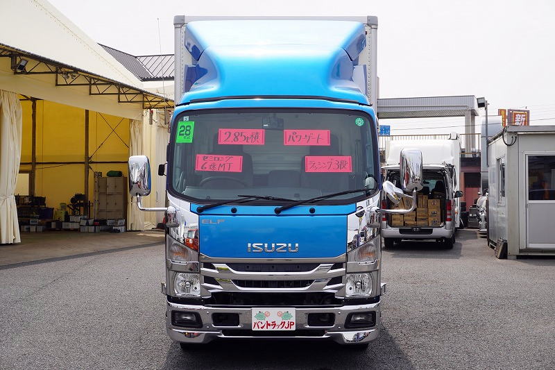 エルフ　「標準幅　セミロング」　アルミバン　積載２８５０ｋｇ　跳ね上げ式　パワーゲート　ラッシング３段　導風板　左電格ミラー　坂道発進補助　社外ナビ　フルセグＴＶ　バックカメラ　ＥＴＣ２．０　フォグランプ　メッキパーツ　日本フルハーフ製　６速ＭＴ！　車検「Ｒ８年３月まで！」0
