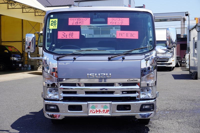 エルフ　「カスタム　ワイド超ロング」　セーフティーローダー　車載専用　古河ユニック製　積載３０００ｋｇ　ラジコン　ウインチ　床フック　一方開　両側電格ミラー　坂道発進補助　ＨＩＤヘッドライト　フォグランプ　社外ナビ　フルセグＴＶ　ＥＴＣ　ステンレス工具箱　メッキパーツ　６速ＭＴ！美車！　車検「Ｒ８年３月まで！」0