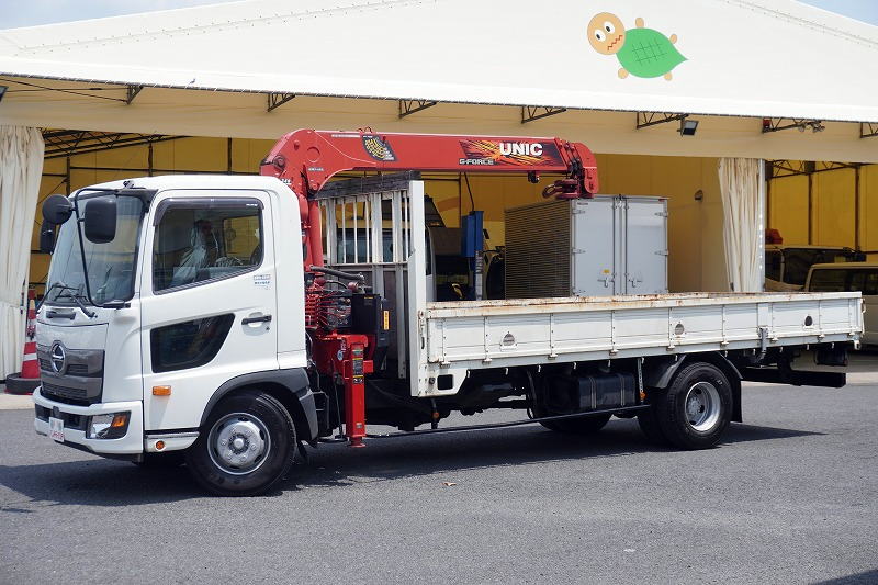 レンジャー 4トン 「標準幅 ベッドレス」 4段クレーン 積載2450kg 古河ユニック製 5.4m長 ラジコン フックイン 2.93t吊 セイコーラック ロープ穴3対 ETC 衝突軽減ブレーキ 車線逸脱警報 AT車!