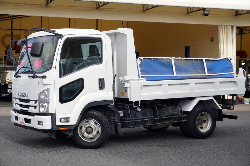 フォワード 4トン 「ベッドレス」 強化ダンプ 一方開 新明和製 積載3650kg 電動コボレーン 鳥居アングル補強 ダンプピン 社外リアバンパー ETC 6速MT!フロント画像