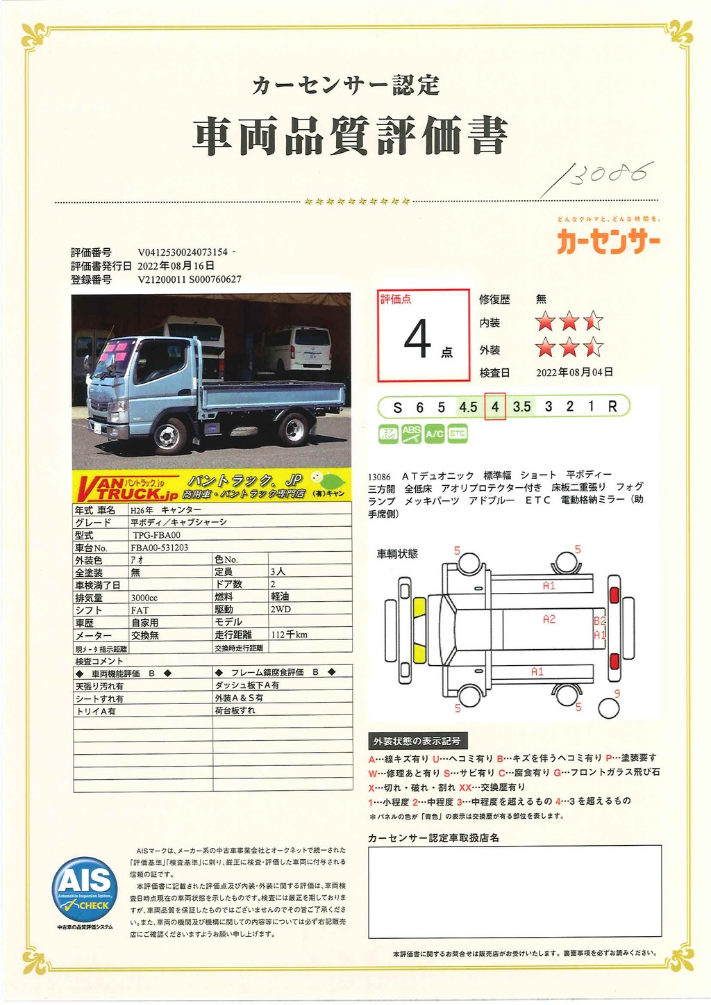 キャンター　「標準幅　ショート」　平ボディー　積載１５００ｋｇ　三方開　全低床　アオリプロテクター付き　床板二重張り　フォグランプ　メッキパーツ　ＥＴＣ　キーレス　木目調パネル　左電格ミラー　ＡＴ車！　AK31