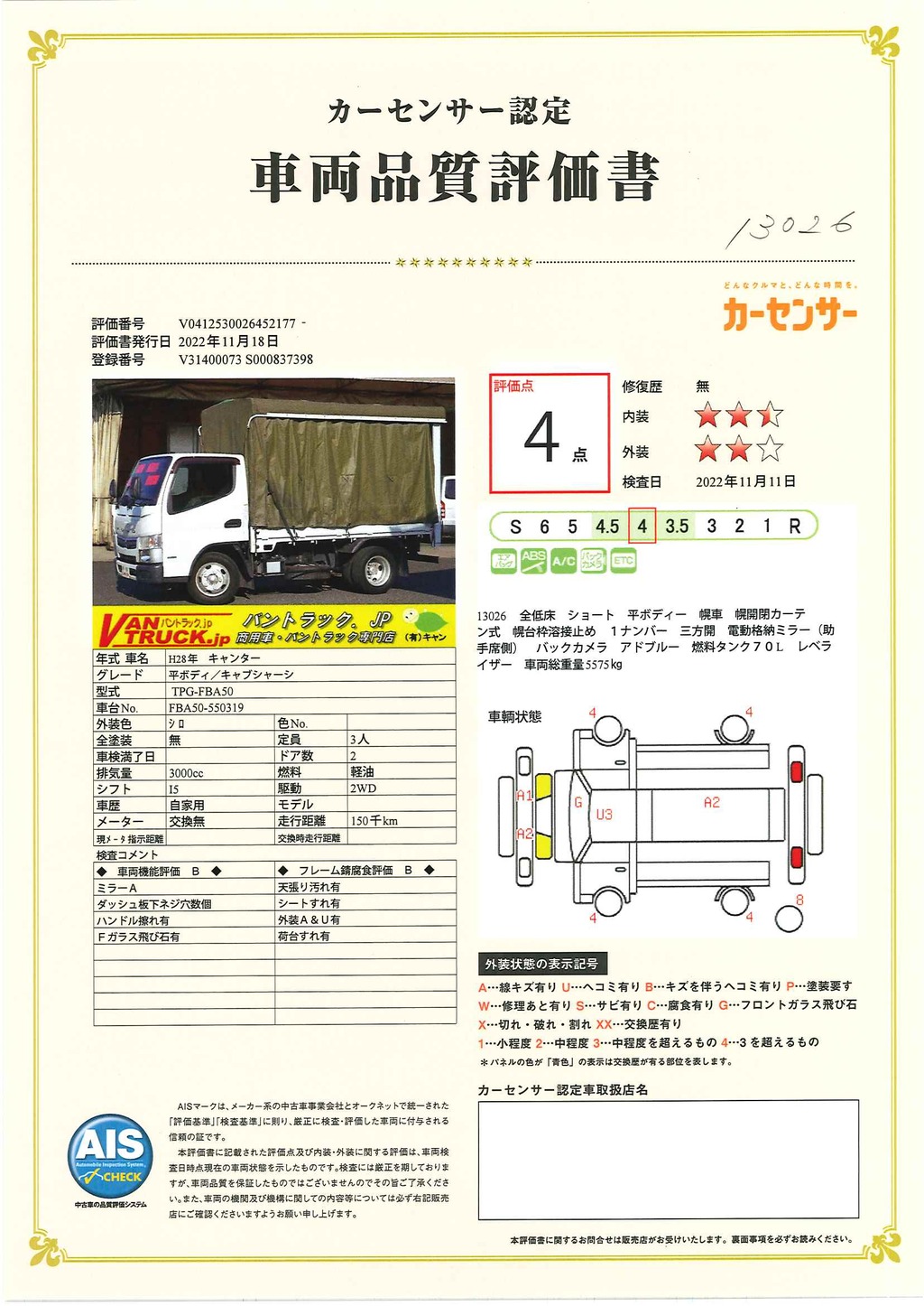 キャンター　「標準幅　ショート」　平ボディー　幌車　積載２９５０ｋｇ　三方開　全低床　幌開閉カーテン式　左電格ミラー　ＥＴＣ　バックカメラ　幌台枠溶接止め　１ナンバー　５速ＭＴ！35