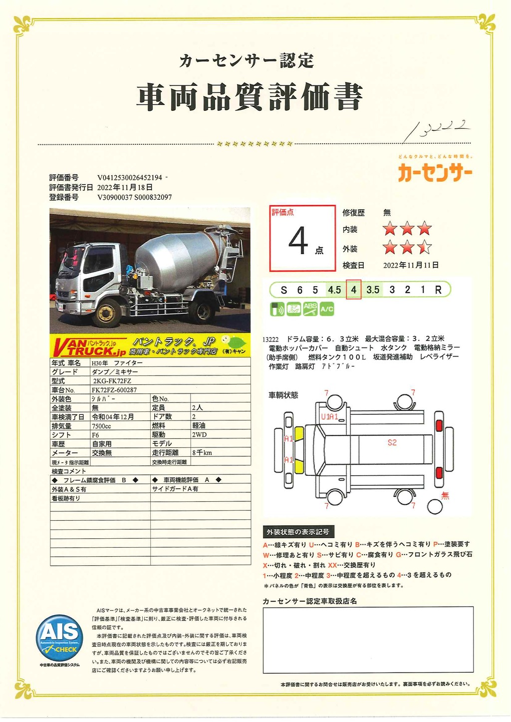 ファイター　増トン　「ベッドレス」　コンクリートミキサー車　カヤバ製　積載７８８０ｋｇ　ドラム容量６．３立米　最大混合容量３．２立米　電動ホッパーカバー　自動シュート　水タンク　坂道発進補助　低走行！６速ＭＴ！35