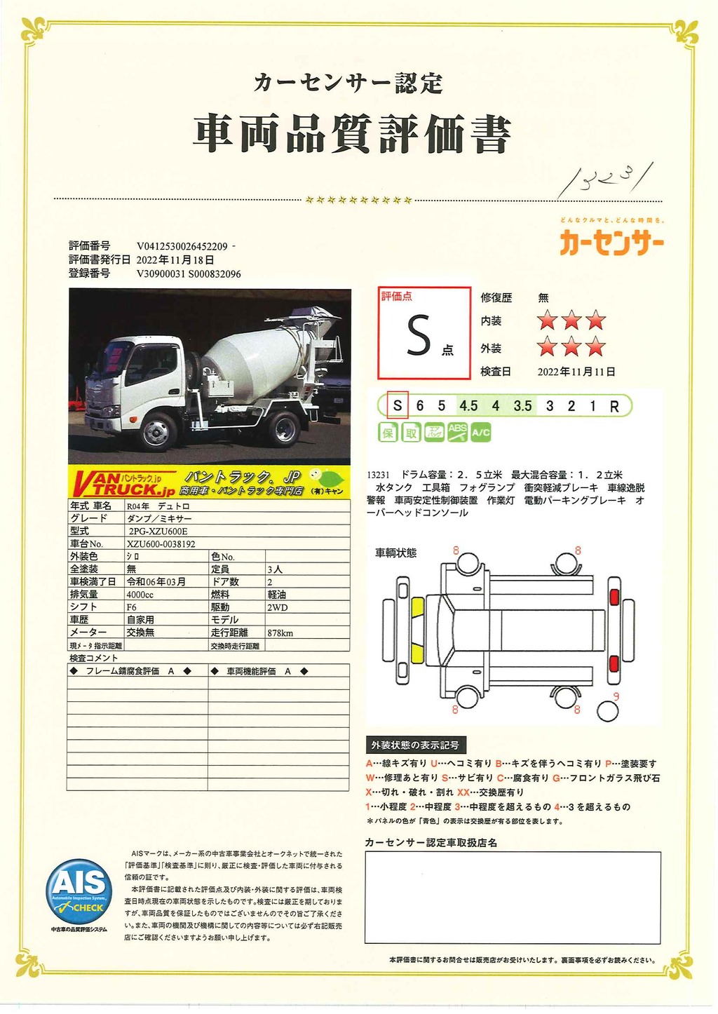 （未使用）　デュトロ　コンクリートミキサー車　カヤバ製　積載３０００ｋｇ　ドラム容量：２．５立米　最大混合容量：１．２立米　水タンク　手動ホッパーカバー　クリアランスソナー　左電格ミラー　電動パーキングブレーキ　衝突軽減ブレーキ　車線逸脱警報　６速ＭＴ！車検「Ｒ６年３月まで！」34