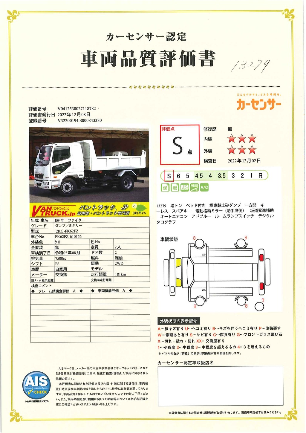 （未使用）　ファイター　増トン　「ベッド付き」　土砂ダンプ　極東製　積載７９００ｋｇ　一方開　坂道発進補助　キーレス　オートエアコン　フォグランプ　衝突軽減ブレーキ　車線逸脱警報　６速ＭＴ！車検「Ｒ５年８月まで！」　AK36