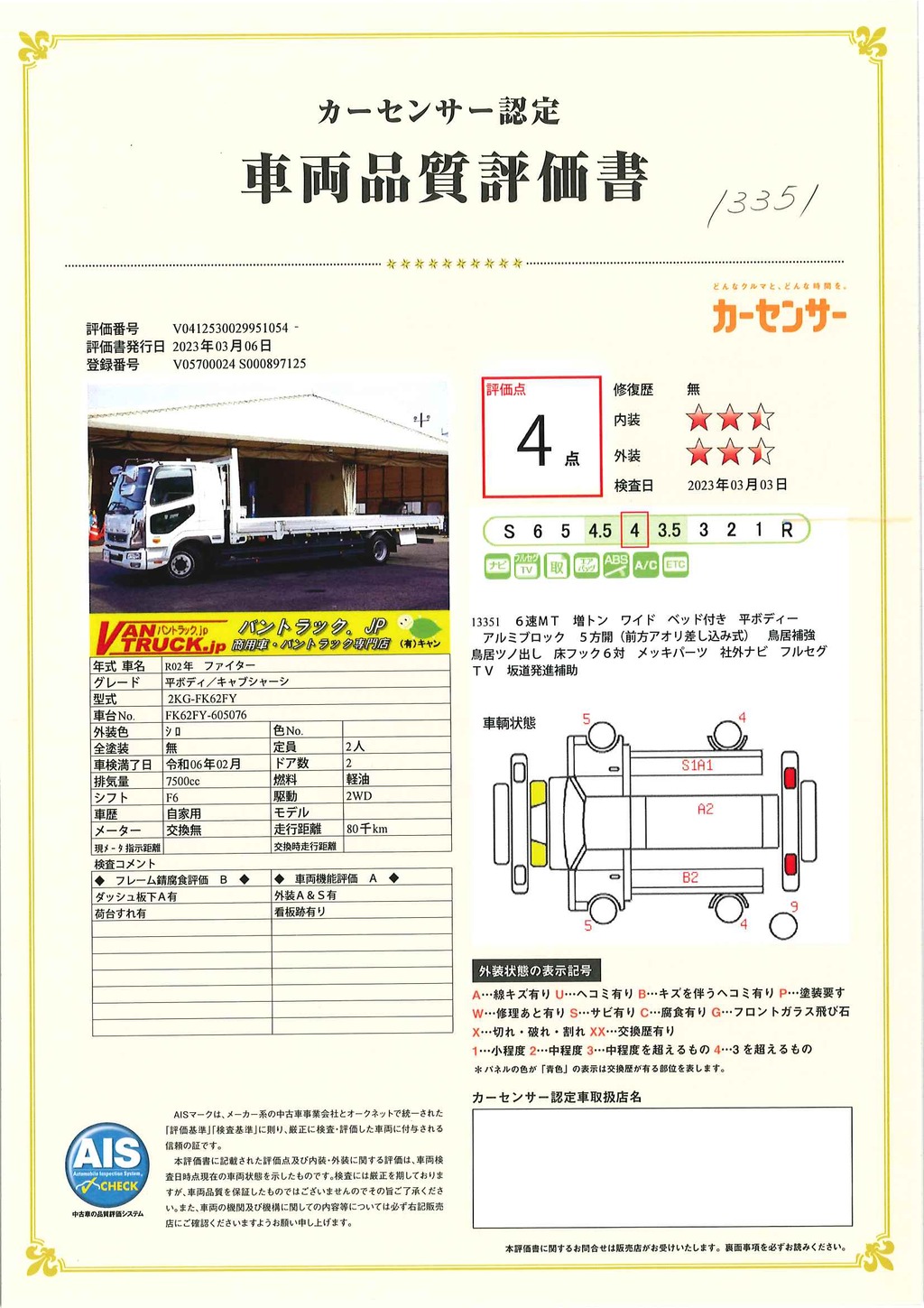 ファイター　増トン　「ワイド　ベッド付き」　平ボディー7.2ワイド「7200」　アルミブロック　積載５４００ｋｇ　５方開（前方差し込み式）　鳥居補強　鳥居ツノ出し　網工具入れ　床フック６対　坂道発進補助　燃料タンク計４００Ｌ　社外ナビ　ＥＴＣ　メッキパーツ　衝突軽減ブレーキ　車線逸脱警報　ワンオーナー！６速ＭＴ！中型免許対応！車検「Ｒ６年２月まで！」39