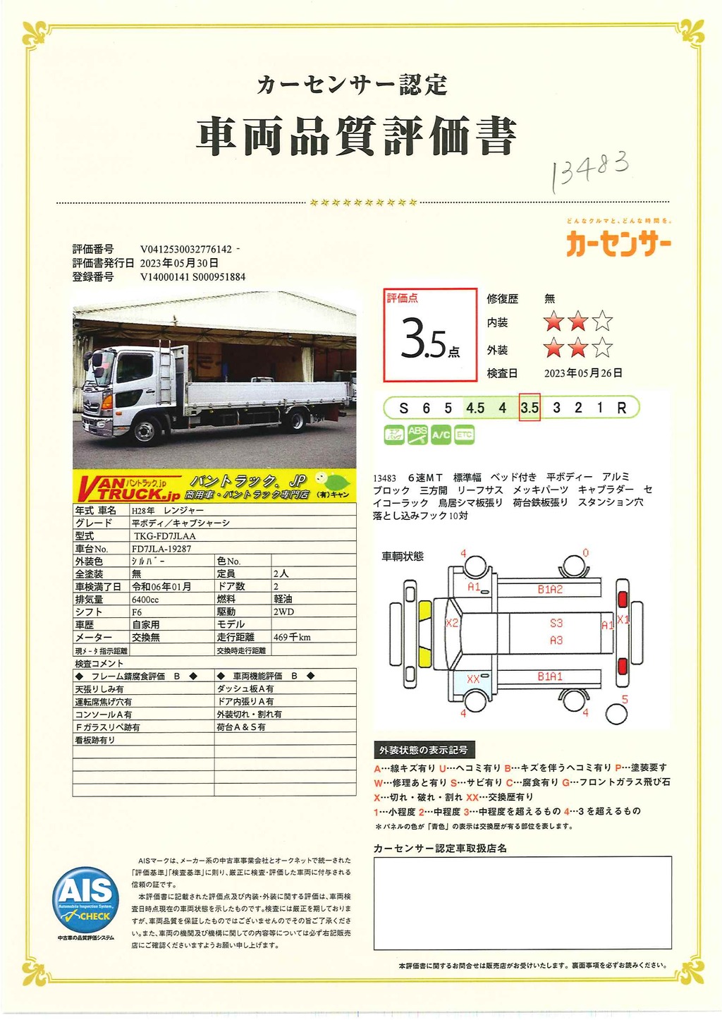 レンジャー　４トン　「標準幅　ベッド付き」　平ボディー　アルミブロック　リーフサス　三方開　積載３４５０ｋｇ　６．２ｍ長　鳥居シマ板張り　荷台鉄板張り　床フック１対　落とし込みフック１０対　スタンション穴　ＥＴＣ　キャブラダー　セイコーラック　メッキパーツ　タコグラフ　６速ＭＴ！車検「Ｒ６年１月まで！」36