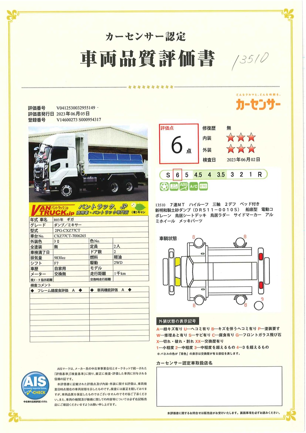 （未使用）　ギガ　大型　「ハイルーフ」　３軸　２デフ　土砂ダンプ　５．３ｍ長　積載９０００ｋｇ　新明和製　船底型　電動コボレーン　鳥居シートデッキ＆ラダー　燃料タンク３００Ｌ　メッキパーツ　アルミホイール　ＥＴＣ２．０　ＬＥＤヘッドライト　７速ＭＴ！総重量２０トン未満！50